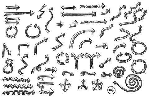 Large Hand Drawn Cartoon Vector Set Collection of Arrow Symbol Designs in Bla Stock Illustration