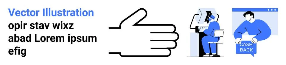 Large hand gesture, person using computer, someone holding cash back signage. 스톡 일러스트