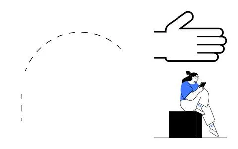 Large hand reaching for a person sitting on a block and using a tablet. Ideal イラスト素材