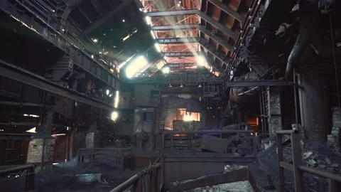 Large hangar or workshop of old rusty industrial metallurgical plant, atmosphere Stock Footage 144334542