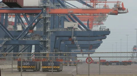 Large harbor cranes loading container ships in the port of Rotterdam 動画素材 56542215