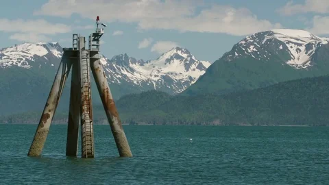 Large Harbor Structure with Seagulls and Epic Mountain Landscape Stock Footage 83110437