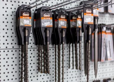 In a large hardware store, a tool department for carpentry and carpentry. dri Stock Photos