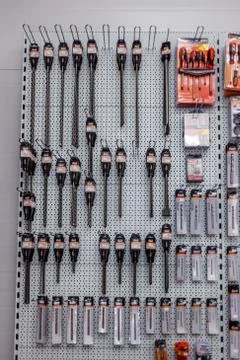 In a large hardware store, a tool department for carpentry and carpentry. dri Stock Photos