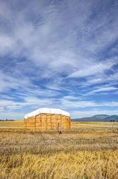 Large haystack under blue sky. Stock Photos