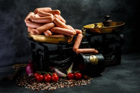 Large heap of raw long thin wieners on antiquarian scales 写真素材