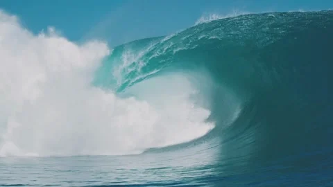 Large heavy Wave Slow Motion breaking onto a shallow reef. Power of the nature Stock Footage 336585811