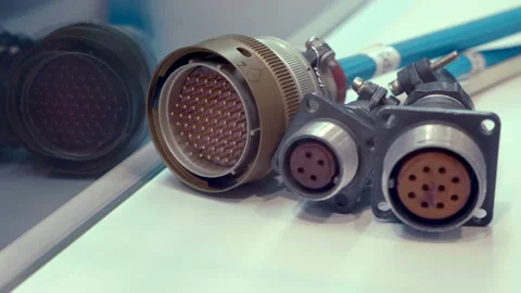 Large, high-quality, reliable, complex,  gold-plated multi-pin connectors  Stock Footage 218007543