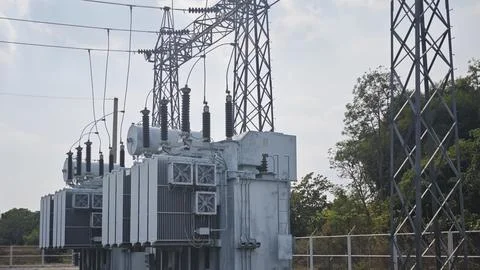 Large high voltage electrical power transformer. Stock Photos