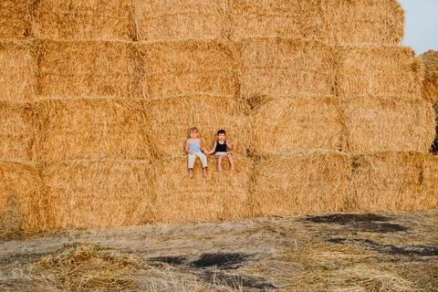 Large high wall of haystack, children sitting on haystacks in autumn Stock Photos