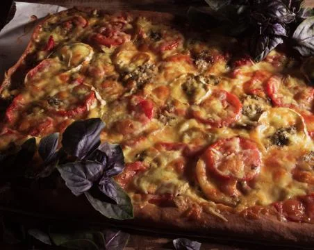 Large homemade rectangular pizza on the dark plate with olives and parmesan c Stock Photos