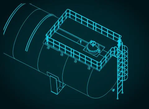 Large horizontal storage tank isometric blueprint close up Stock Illustration