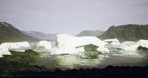 Large ice formations in a glacial lagoon surrounded by mountains Stock Illustration