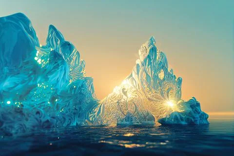 A large iceberg floating in the ocean, made of crystals with pattern, fantasy Stock Illustration
