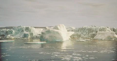Large icebergs float in a calm ocean under a cloudy sky in an Arctic landscap Stock Illustration