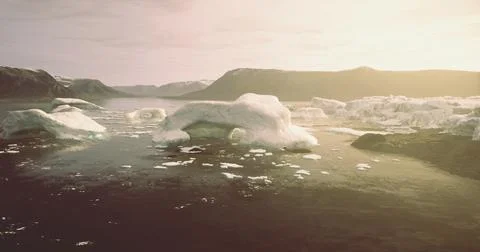 Large icebergs float on still waters under the warm glow of sunset Stock Illustration