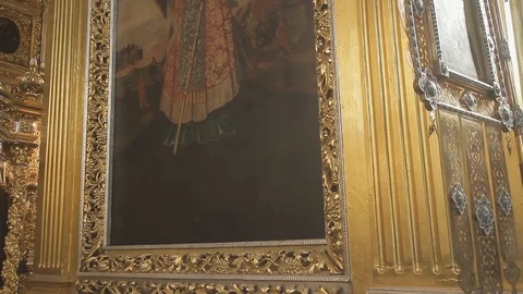 Large icon in a gold frame in the assumption Cathedral Stock Footage 91779989