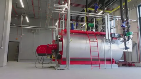 Large industrial boiler system with complex piping and controls in an engin.. Stock Footage 337613567