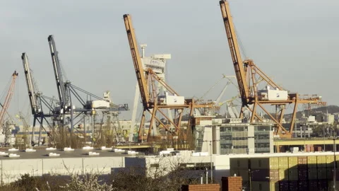 Large industrial cargo cranes at shipyard panning Vídeos de archivo 333663812