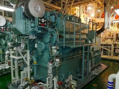 Large Industrial Engine System with Gauges and Pipes Indoors Stock Photos