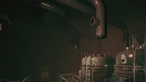 Large Industrial Facility Interior With Metal Pipes and Storage Tanks at Night Stock Footage 348111189