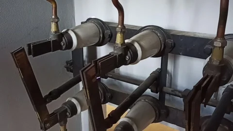 Large industrial high voltage switch. Electric sparks when switched on. Stock Footage 256682182