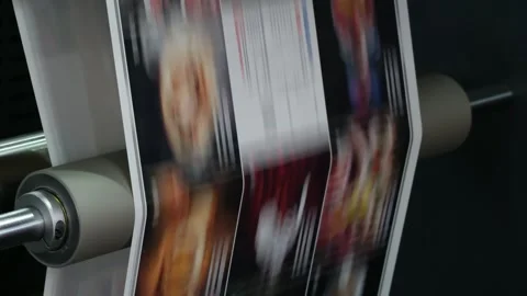 Large industrial offset printing machine prints image on packaging film. tech Stock Footage 344390751