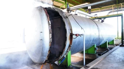 Large Industrial Sterilizer Machine Opening with Steam, Factory Process Stock Footage 337826085