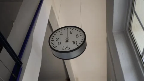 Large industrial-style flow meter hanging from the ceiling, marked in liters per Stock Footage 304884457