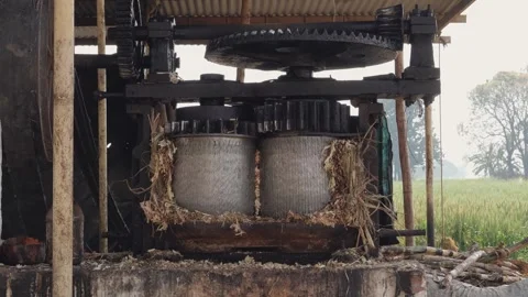 Large Industrial Sugarcane Juice Extraction Machine in Traditional Jaggery .. Stock Footage 331340922