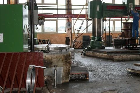 A large industrial workshop inside the building with machine tools and a ware Stock Photos