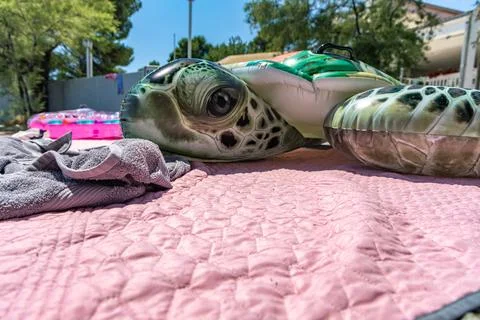 Large Inflatable Turtle on Pink Beach Blanket by the Sea During Summer Vacati Stock Photos