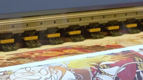 Large Inkjet printer working, industrial printer, plotter head slides over th Stock Footage 257351429