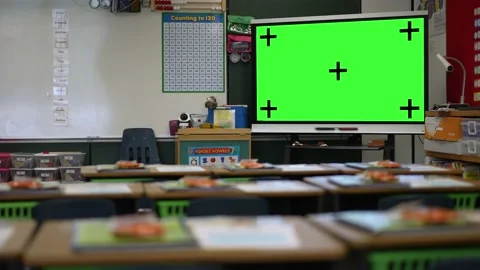 Large interactive white board with green screen chroma key in empty school Video stock 159822499