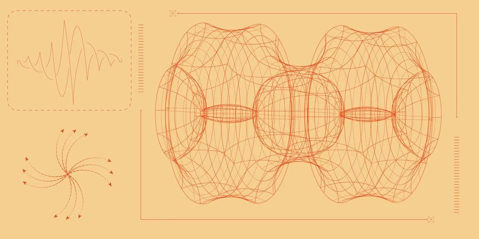 Large interconnected toroidal structures, oscillation waves, and field vectors Stock Illustration