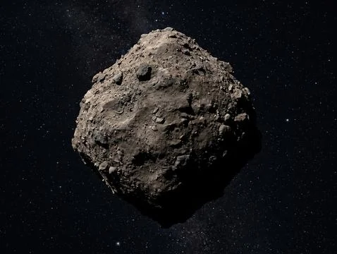 A large irregularly shaped asteroid drifting through space. 库存照片