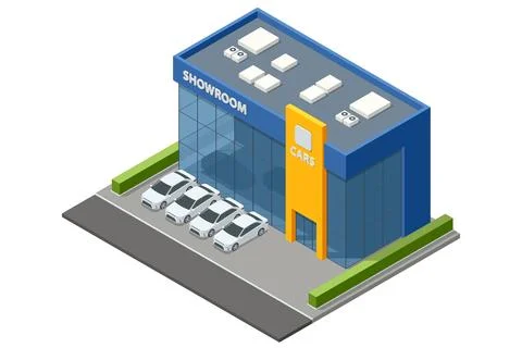 A large isometric car showroom with multiple white cars displayed outside. The Stock Illustration