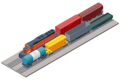 Large isometric freight train with an orange locomotive and various wagons. This Stock Illustration
