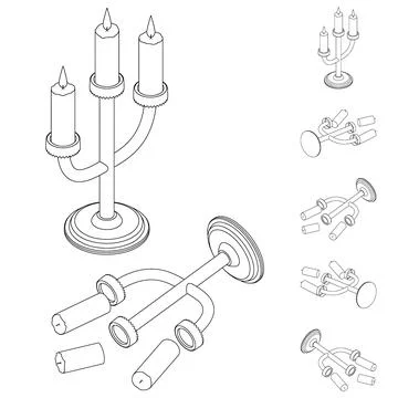 Large isometric line set of candlesticks. Isometric broken old golden イラスト素材