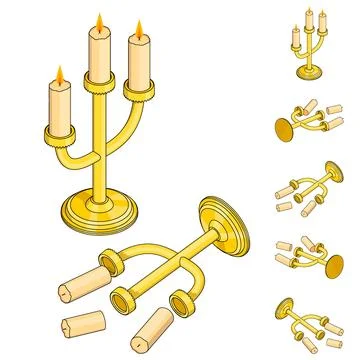 Large isometric set of candlesticks. Isometric broken old golden candlestick. Иллюстрация