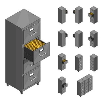 Large isometric set of drawers with documents. Isometric iron drawer. Stock Illustration