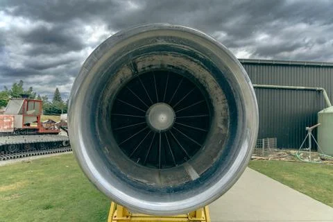 Large Jet Engine Intake Outdoors Under Clouds Foto stock