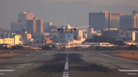 Large jet plane landing scene at dusk Video stock 160183100