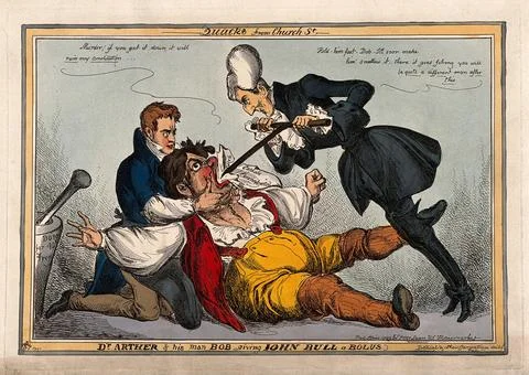 A large John Bull being held down and force-fed by Peel and Wellington; rep.. Stock Illustration