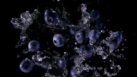 Large juicy blueberries are bouncing up with splashes of the water Stock Footage 280796660