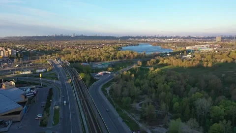 Large junction with tram lines and a view of the dnieper river Stock Footage 165077945