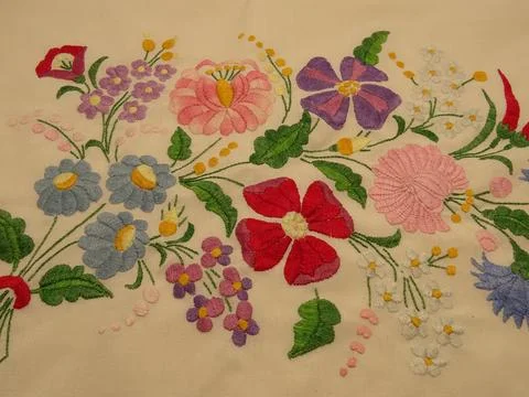 Large Kalocsa embroidered tablecloth with multiple floral motifs 写真素材