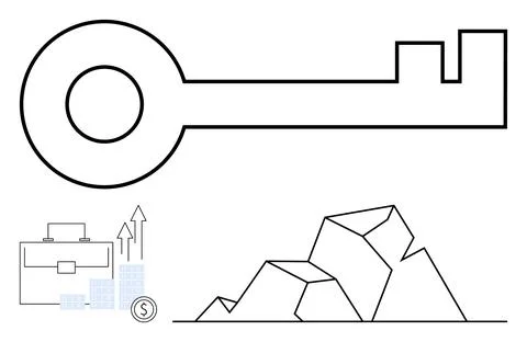 Large key alongside briefcase with growth arrows, coins, and buildings, and r Ilustración de archivo