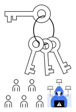Large key and three smaller keys on a loop, six persons figures and hooded ha Stockillustratie