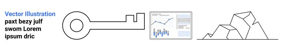 Large key, data chart with graphs, and abstract mountains. Ideal for business Illustrazione stock
